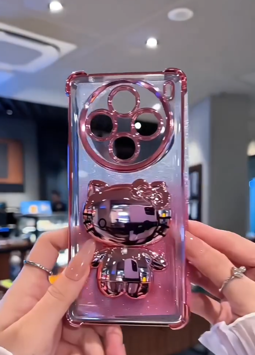 Luxury Plated 3D Character Phone Case with Folding Stand & Hidden Mirror – Style Meets Function