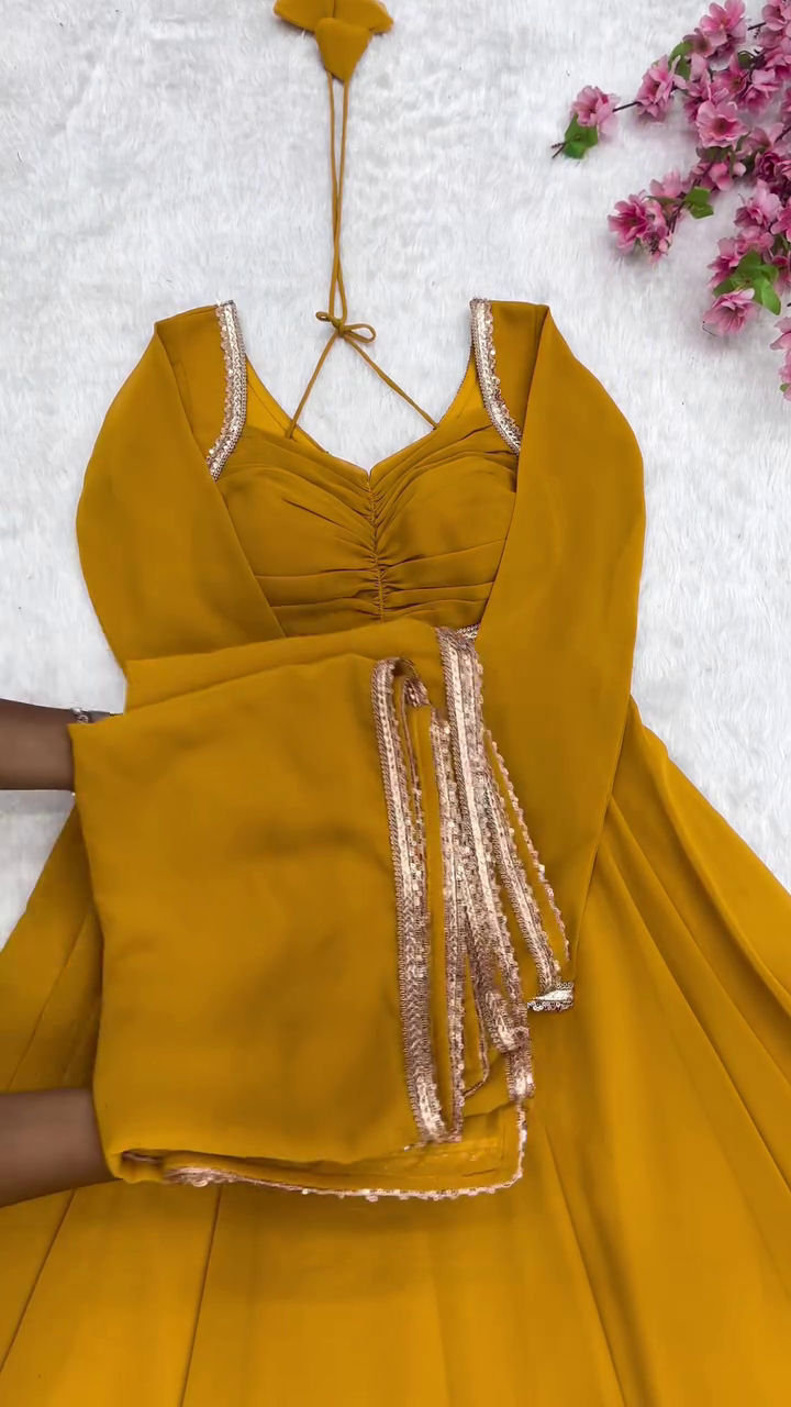Stunning Mustard Yellow Georgette Anarkali Gown with Matching Dupatta – Elegant Ethnic Charm