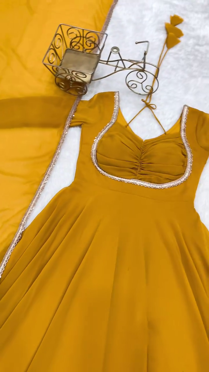 Stunning Mustard Yellow Georgette Anarkali Gown with Matching Dupatta – Elegant Ethnic Charm