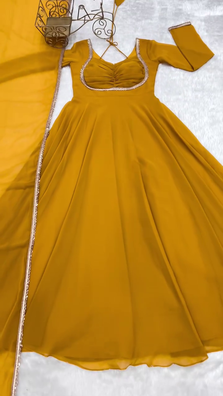 Stunning Mustard Yellow Georgette Anarkali Gown with Matching Dupatta – Elegant Ethnic Charm