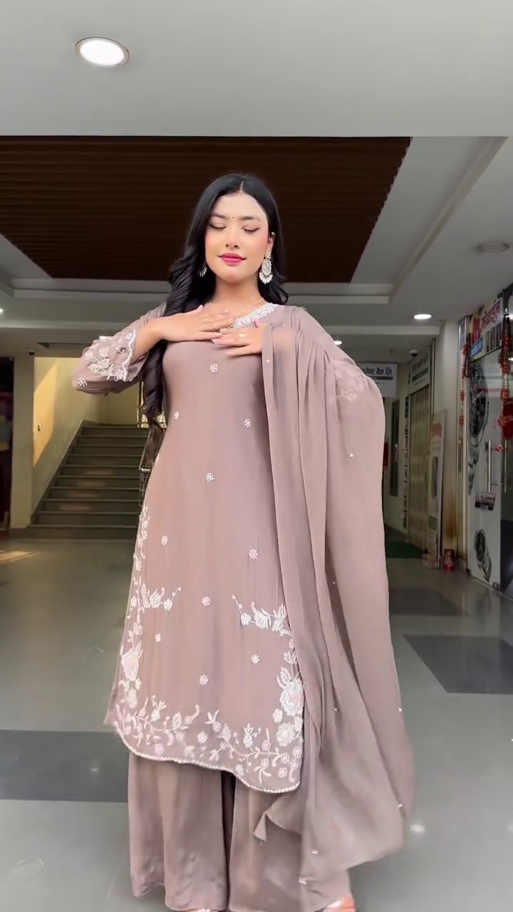 Elegant Embroidered Round Neck Kurta & Sharara Set with Matching Dupatta – Perfect Festive Wear