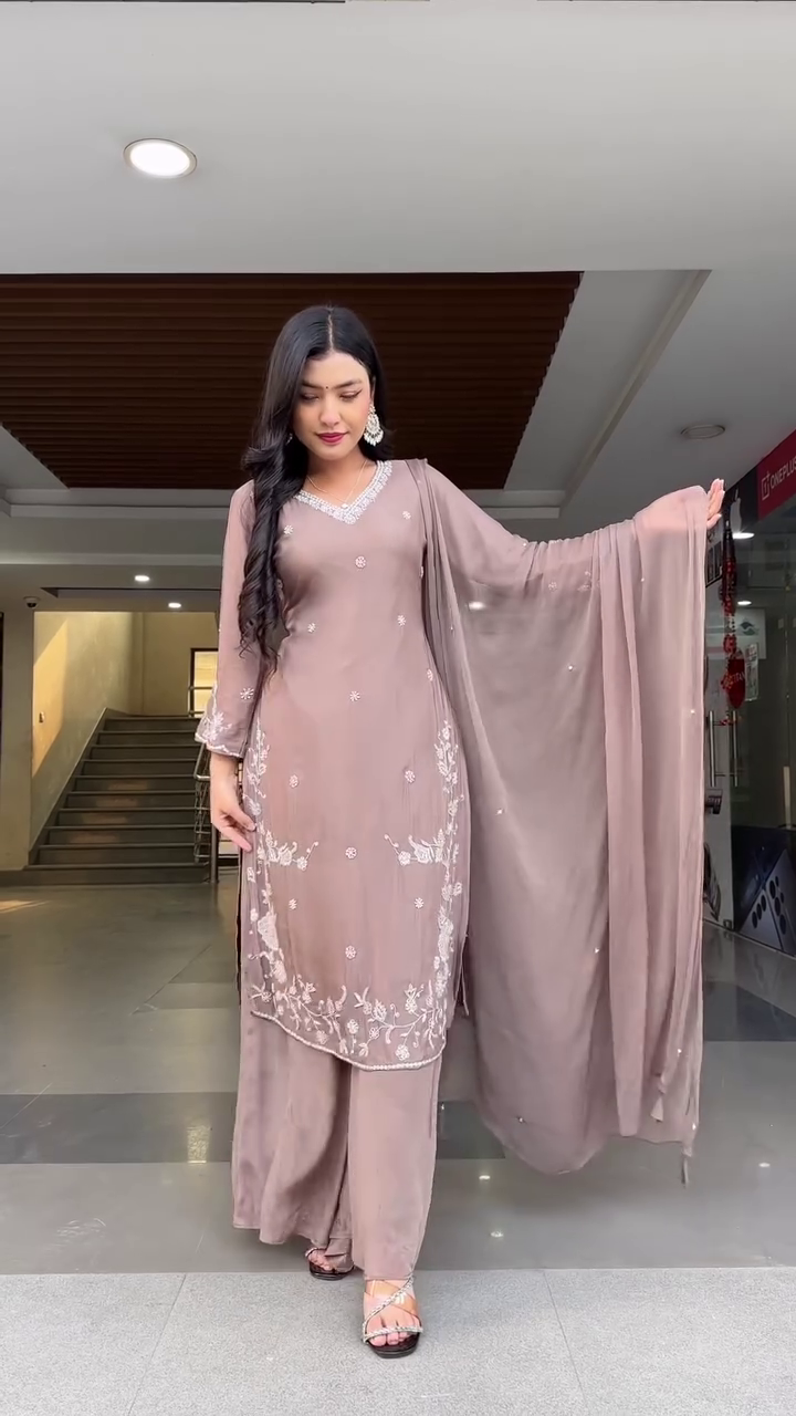 Elegant Embroidered Round Neck Kurta & Sharara Set with Matching Dupatta – Perfect Festive Wear