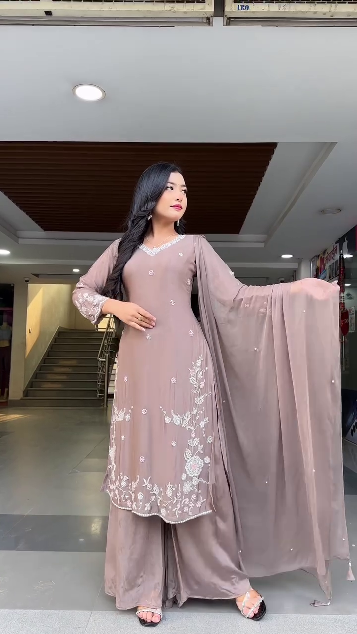 Elegant Embroidered Round Neck Kurta & Sharara Set with Matching Dupatta – Perfect Festive Wear