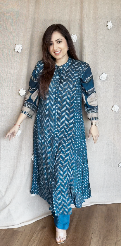Blue Cotton & Silk High Neck Printed Kurta with Gathered Pant Set – Elegant Ethnic Ensemble