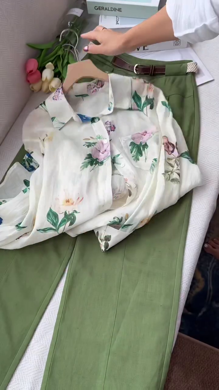 Chic Women’s Floral Shirt with Sage Green Casual Pants – Effortless Everyday Style