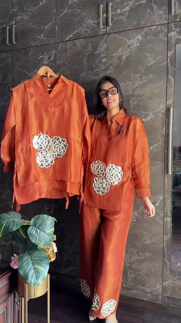 Premium Pure Tissue 3-Piece Coord – Elegant Rust Ensemble for Everyday & Festive Wear