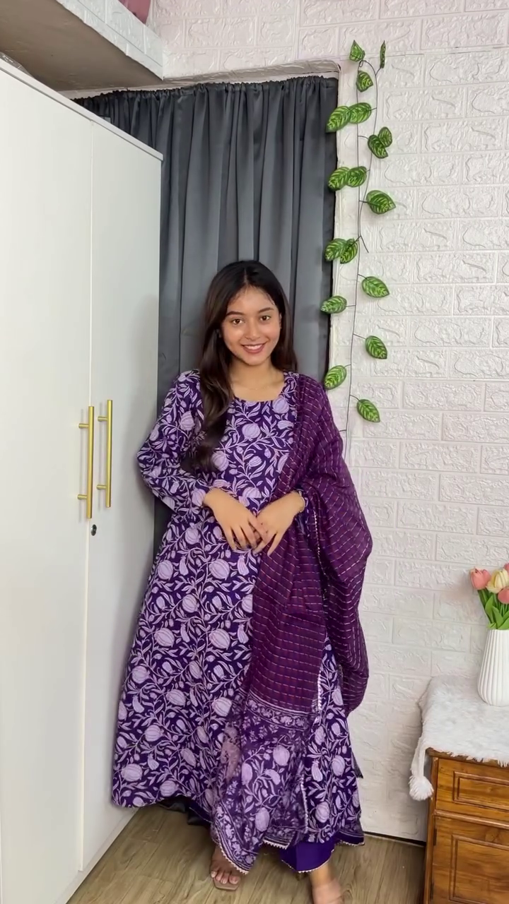 Graceful Charm: Women’s Printed Anarkali Kurta, Pant & Dupatta Set