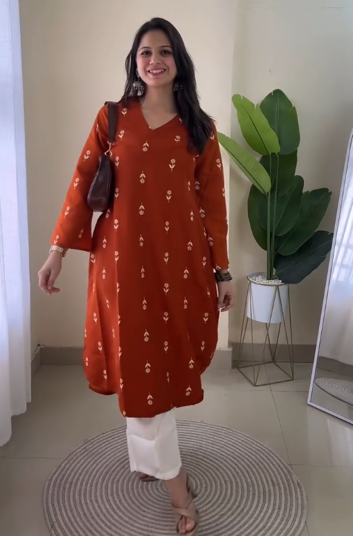 Bold Simplicity: Solid Red V-Neck A-Line Kurta & Pant Set