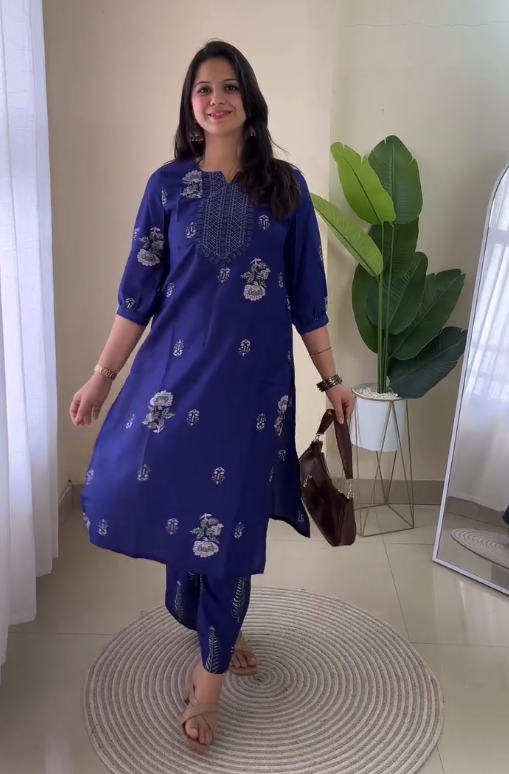 Bold Simplicity: Solid Red V-Neck A-Line Kurta & Pant Set