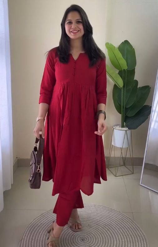 Bold Simplicity: Solid Red V-Neck A-Line Kurta & Pant Set