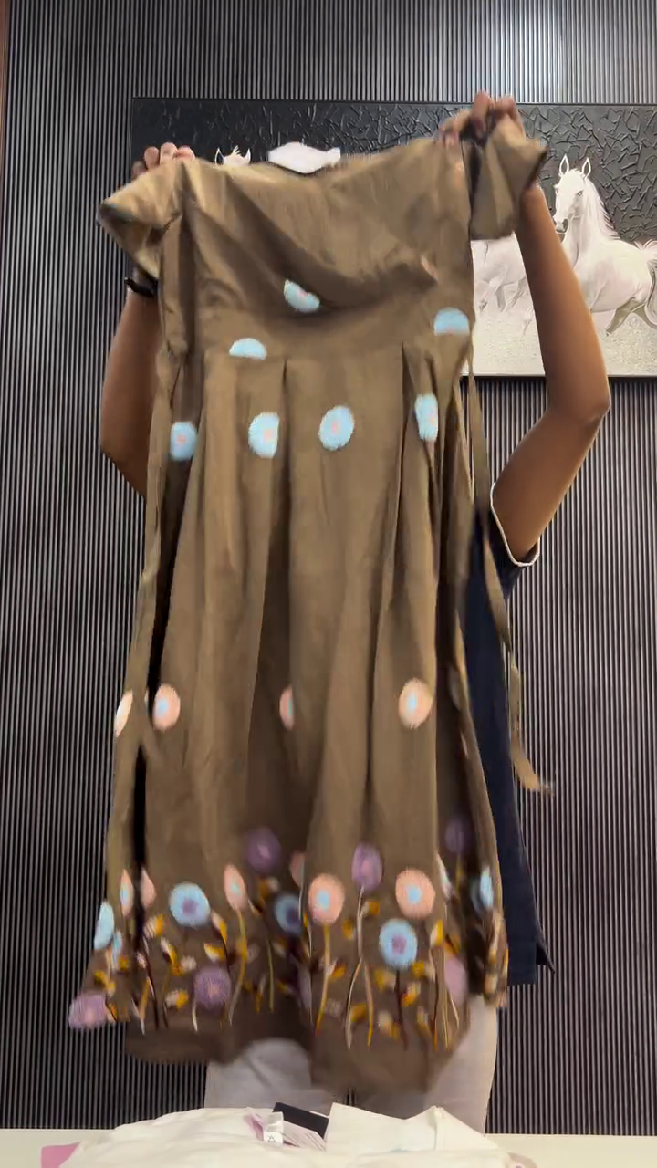 Earthy Elegance: Brown Dress with Floral Embroidery & Appliqué Details