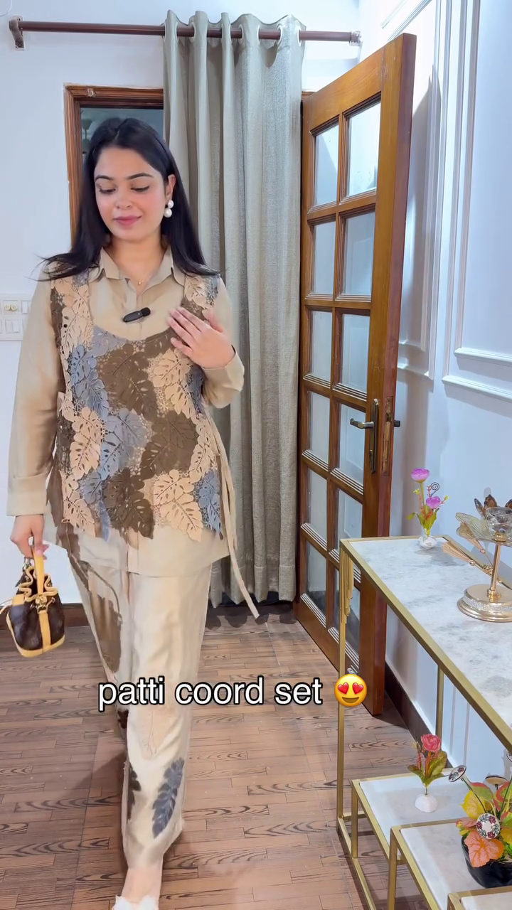 Chic Sophistication: Beige Co-ord Set with Button-Down Shirt & Decorative Overlay Trousers