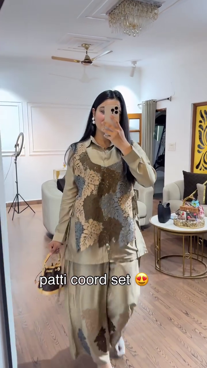 Chic Sophistication: Beige Co-ord Set with Button-Down Shirt & Decorative Overlay Trousers