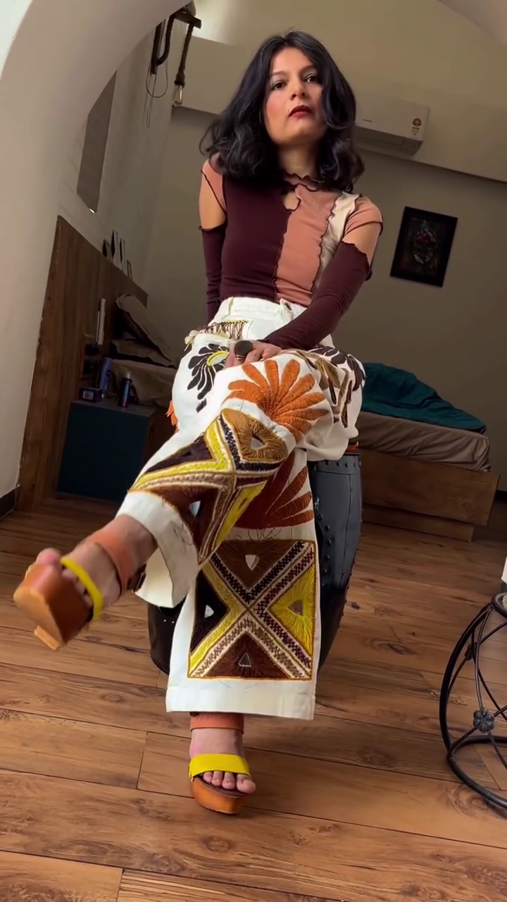 Vibrant Contrast: Yellow Tank Top with Embroidered Brown Pants Co-ord Set