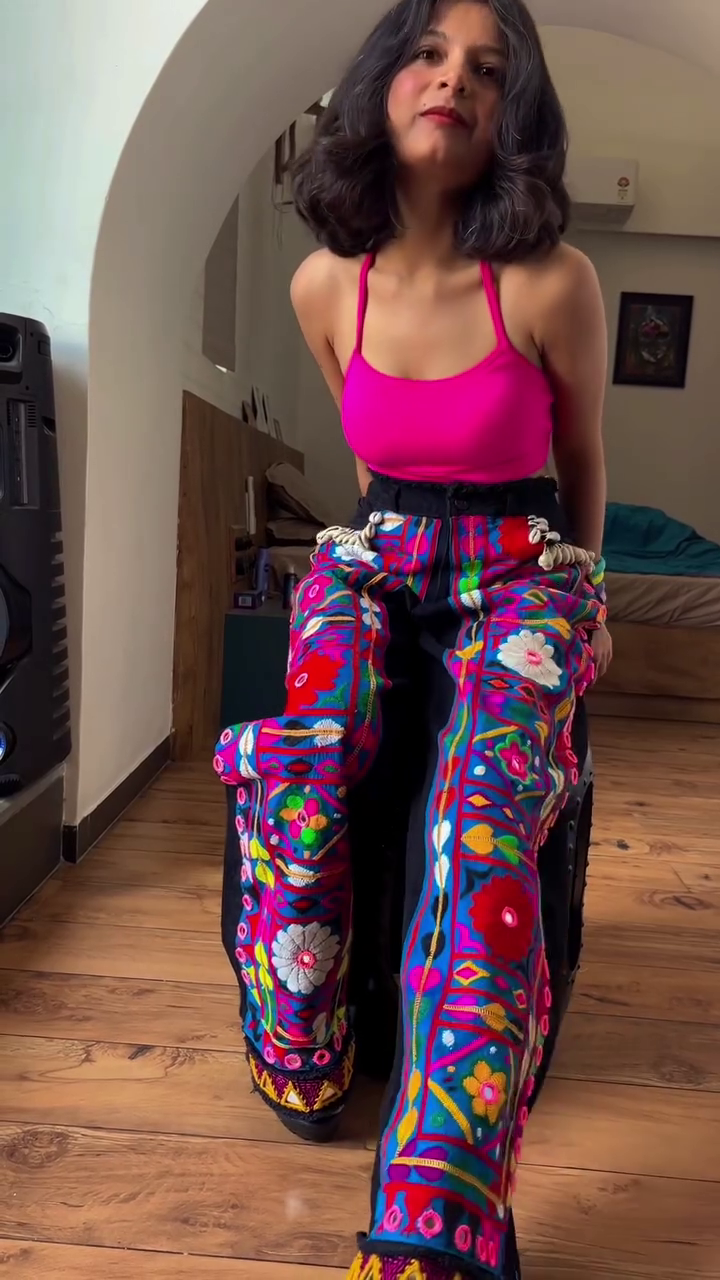 Vibrant Contrast: Yellow Tank Top with Embroidered Brown Pants Co-ord Set