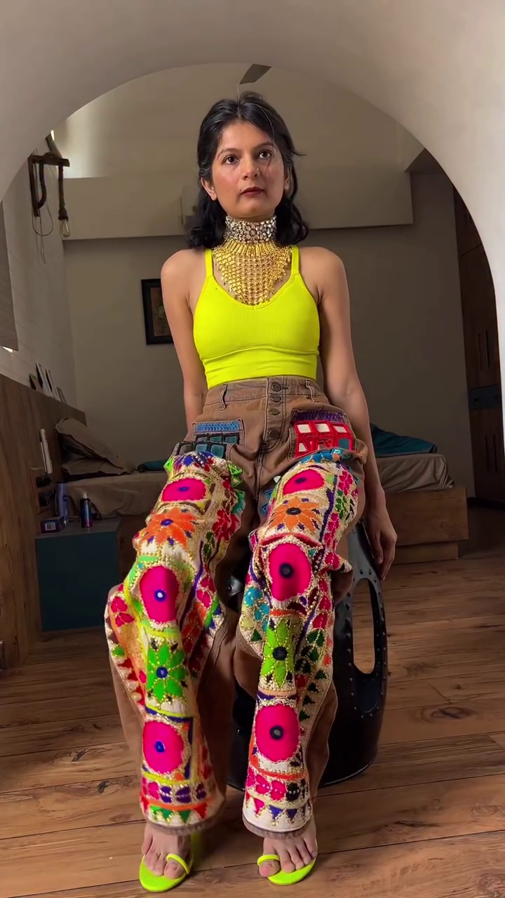 Vibrant Contrast: Yellow Tank Top with Embroidered Brown Pants Co-ord Set