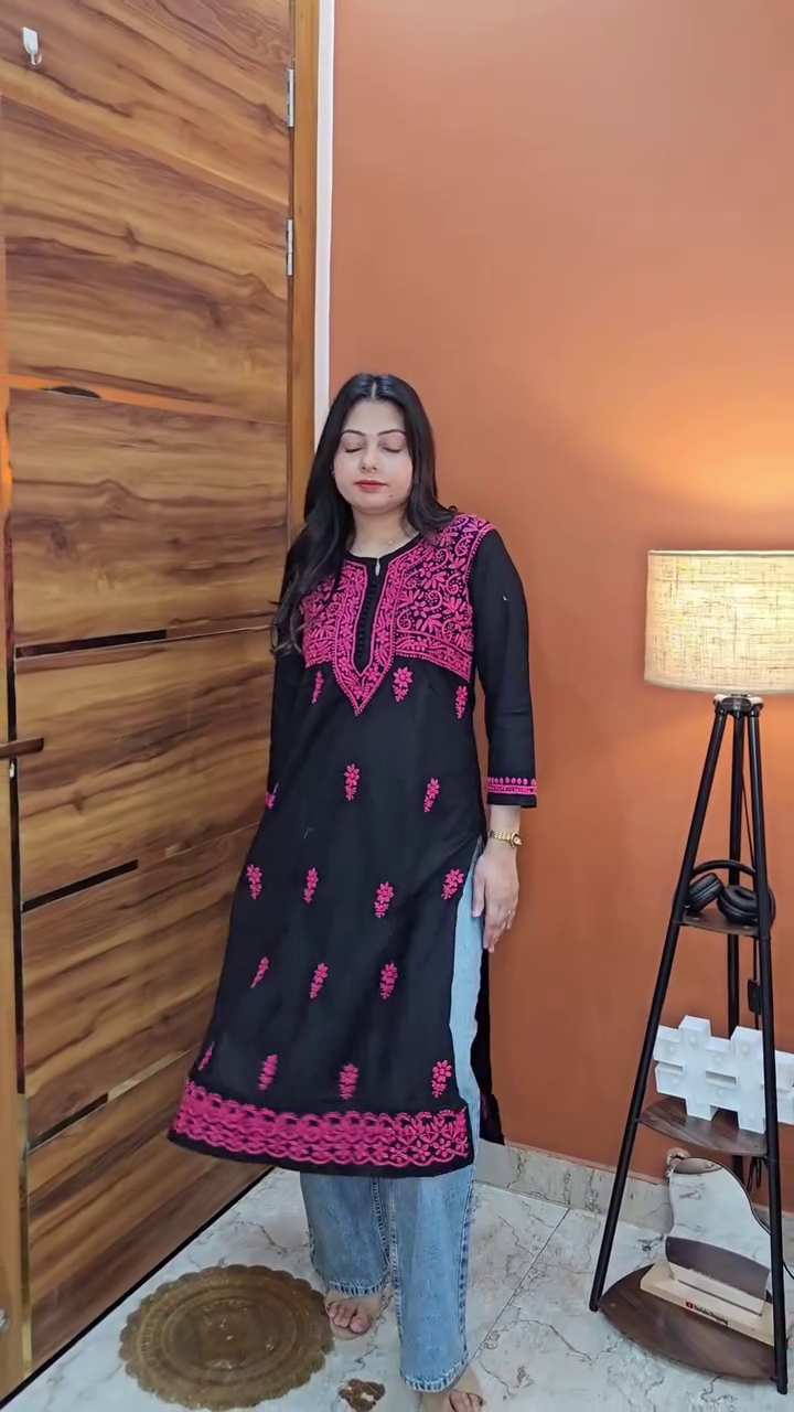 Bold & Elegant: Black Cotton Straight Kurta with Pink Embroidery