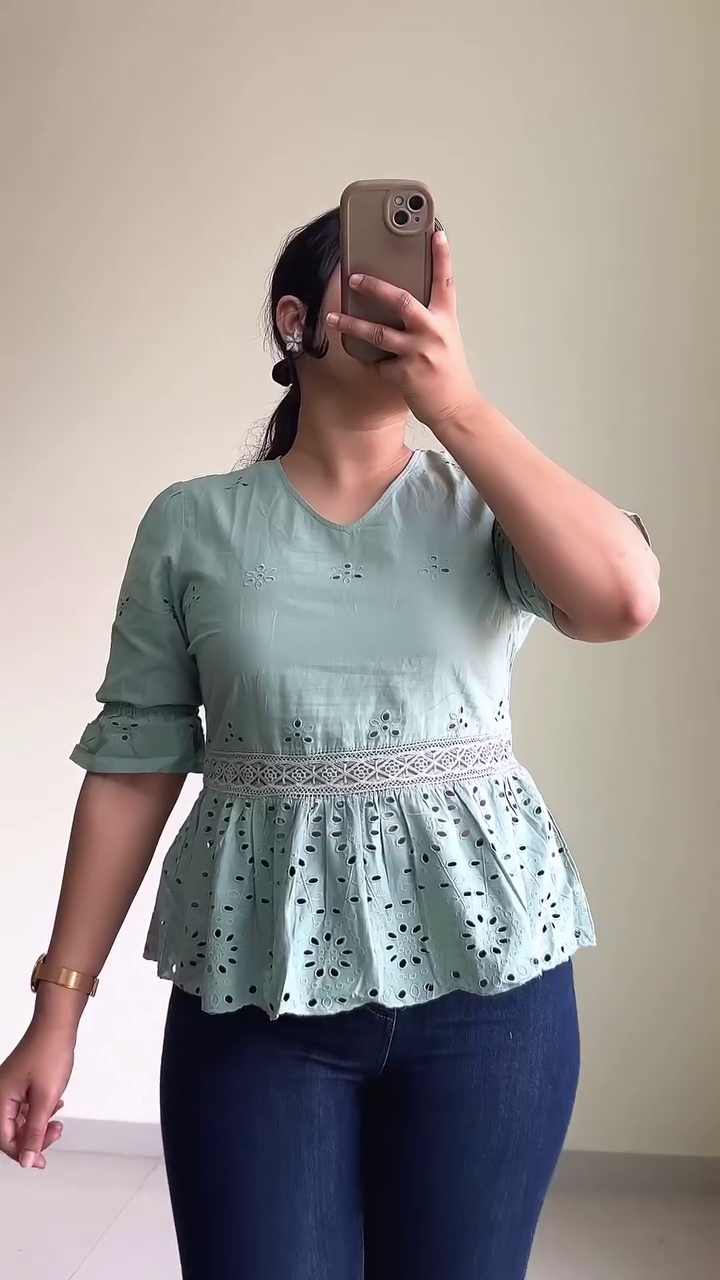 Chic & Feminine: Green Schiffli Peplum Top