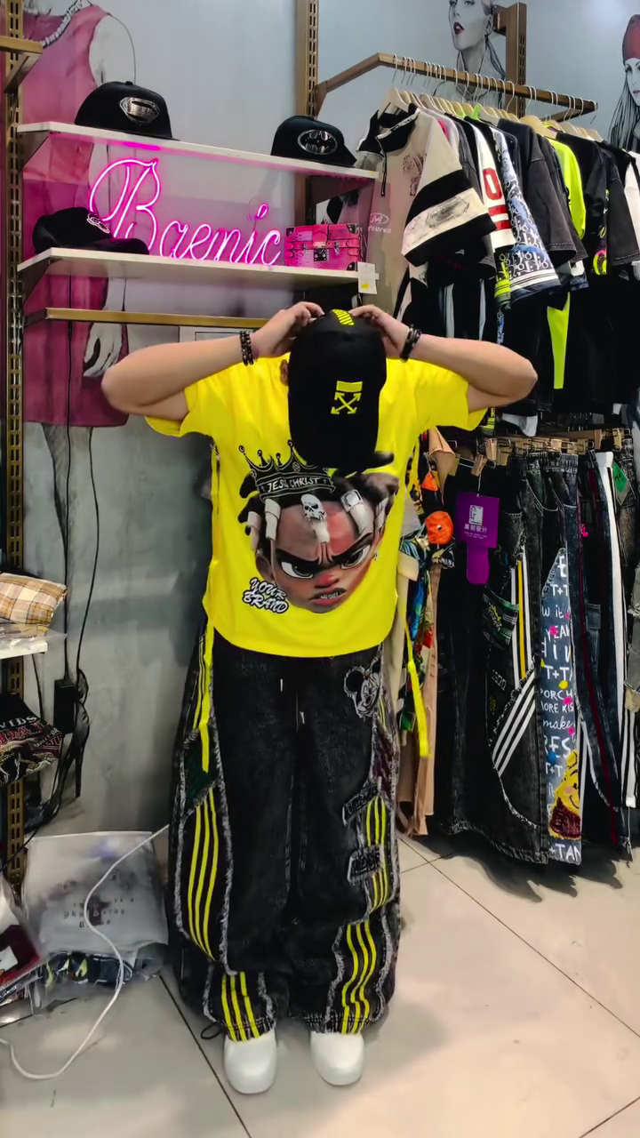 Playful Street Style: Minnie Mouse Loose Frayed Denim Pants with Colored Stripes