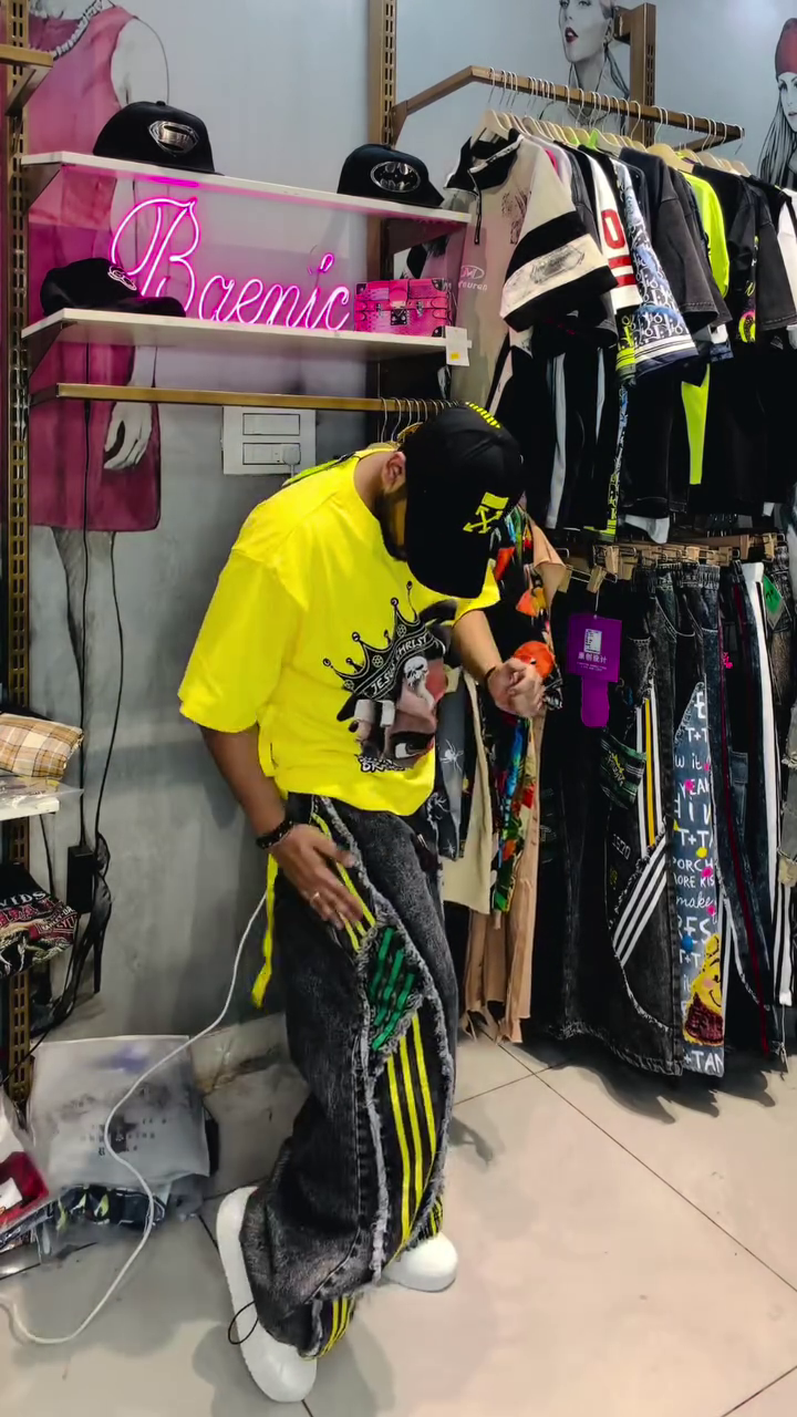 Playful Street Style: Minnie Mouse Loose Frayed Denim Pants with Colored Stripes