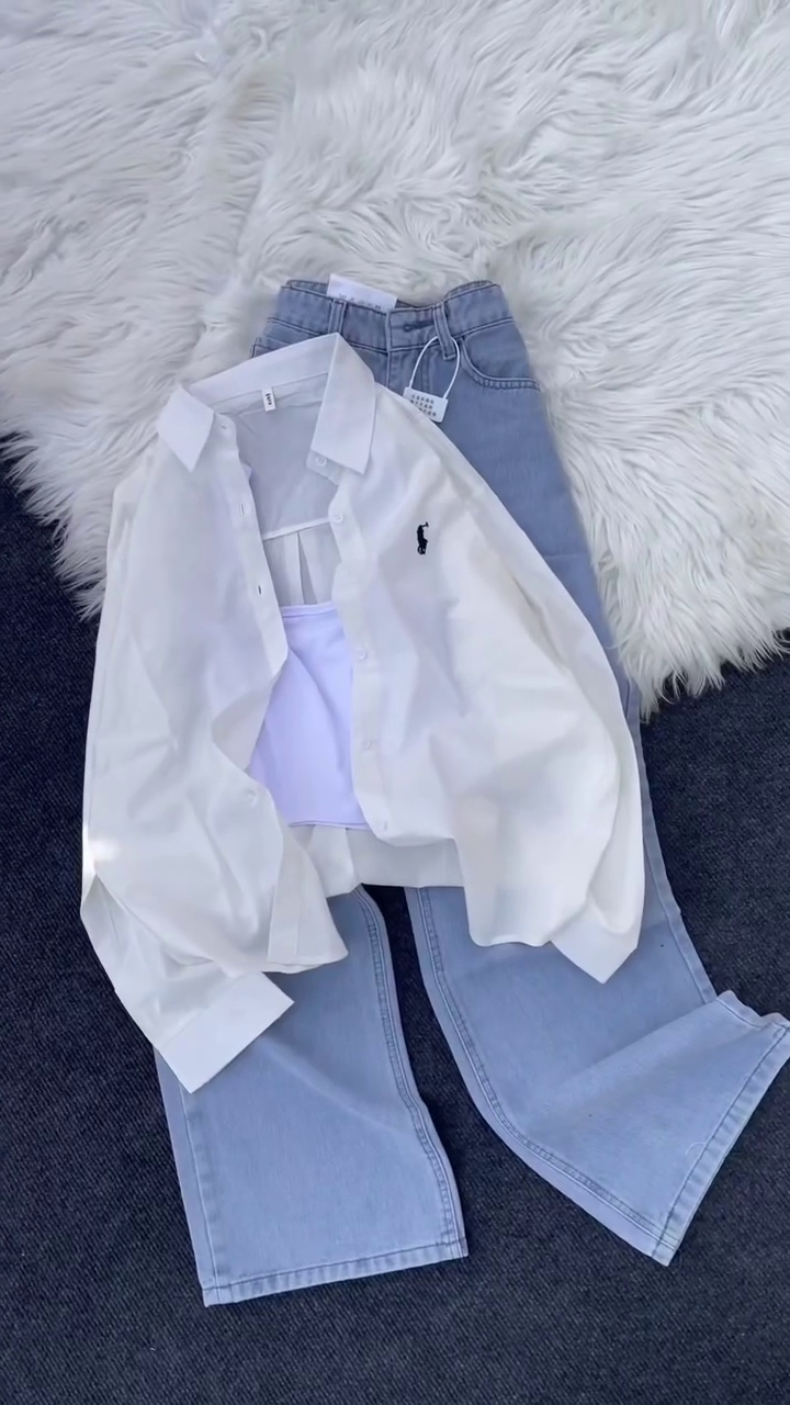 Layered Elegance: Pink Ralph Lauren Button-Down Shirt with White Top & Grey Jeans