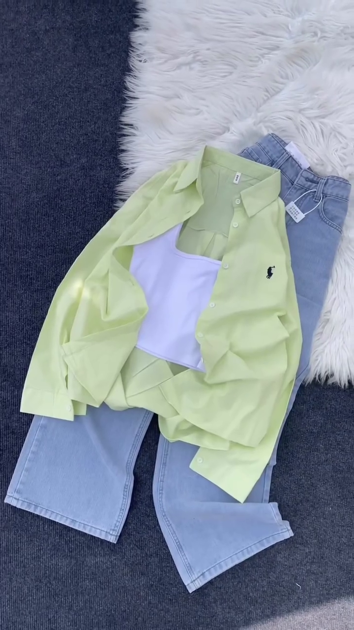 Layered Elegance: Pink Ralph Lauren Button-Down Shirt with White Top & Grey Jeans