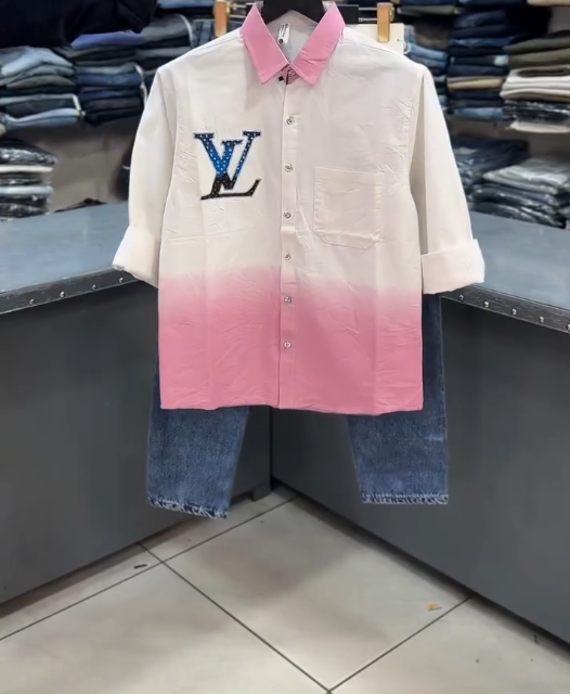 Modern Gradient Style: Men’s Pink Ombre Long-Sleeve Shirt with Jeans Combo