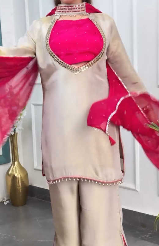 Exquisite Ethnic Elegance: Teal Mirror-Work Roman Silk Salwar Kameez Set with Pink Dupatta