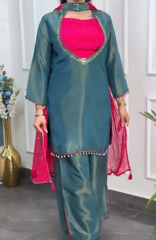 Exquisite Ethnic Elegance: Teal Mirror-Work Roman Silk Salwar Kameez Set with Pink Dupatta