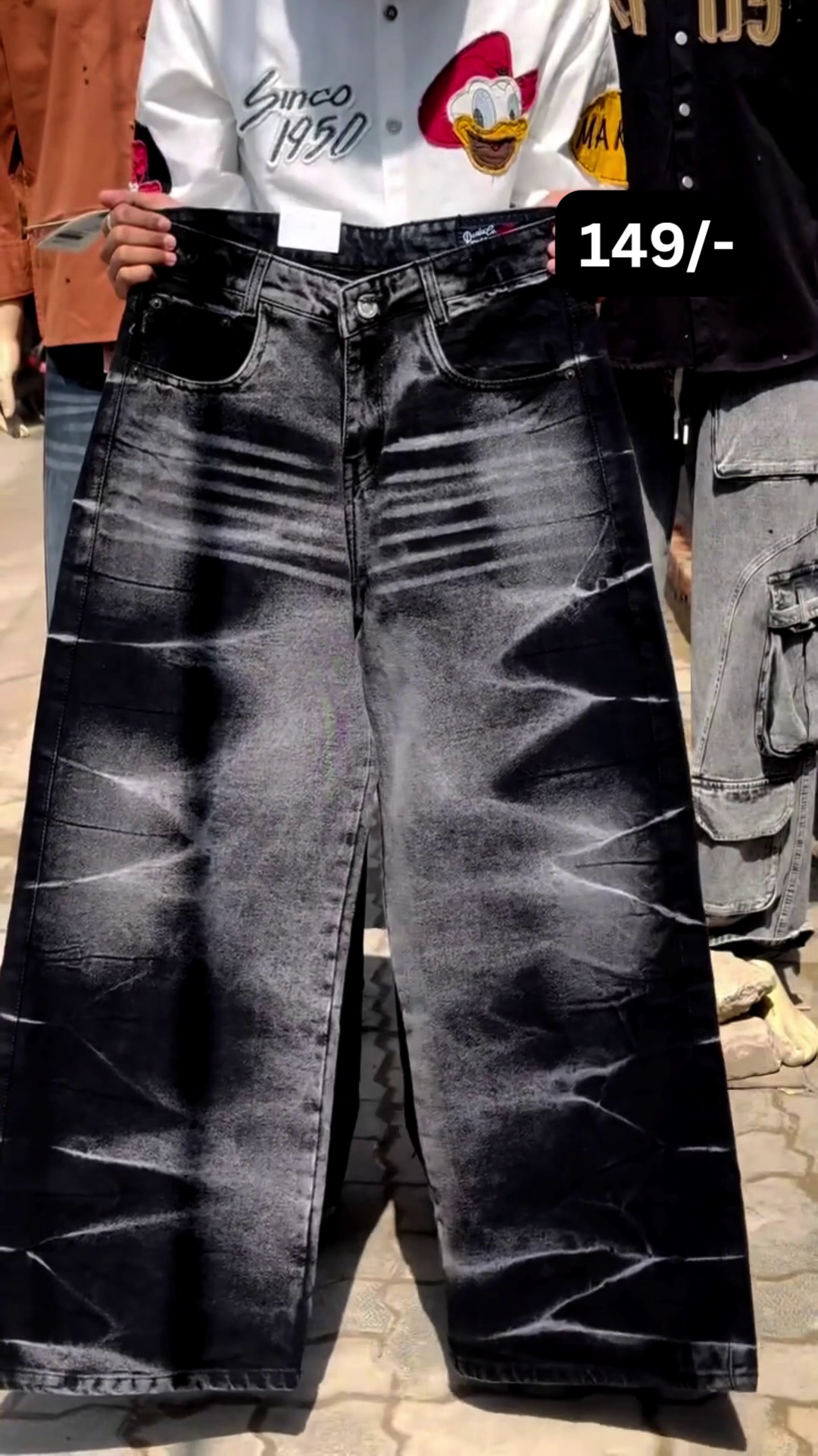 Bold Streetwear Statement: Black Baggy Wide-Leg Jeans with Faded Wash & Cross Graphic Prints