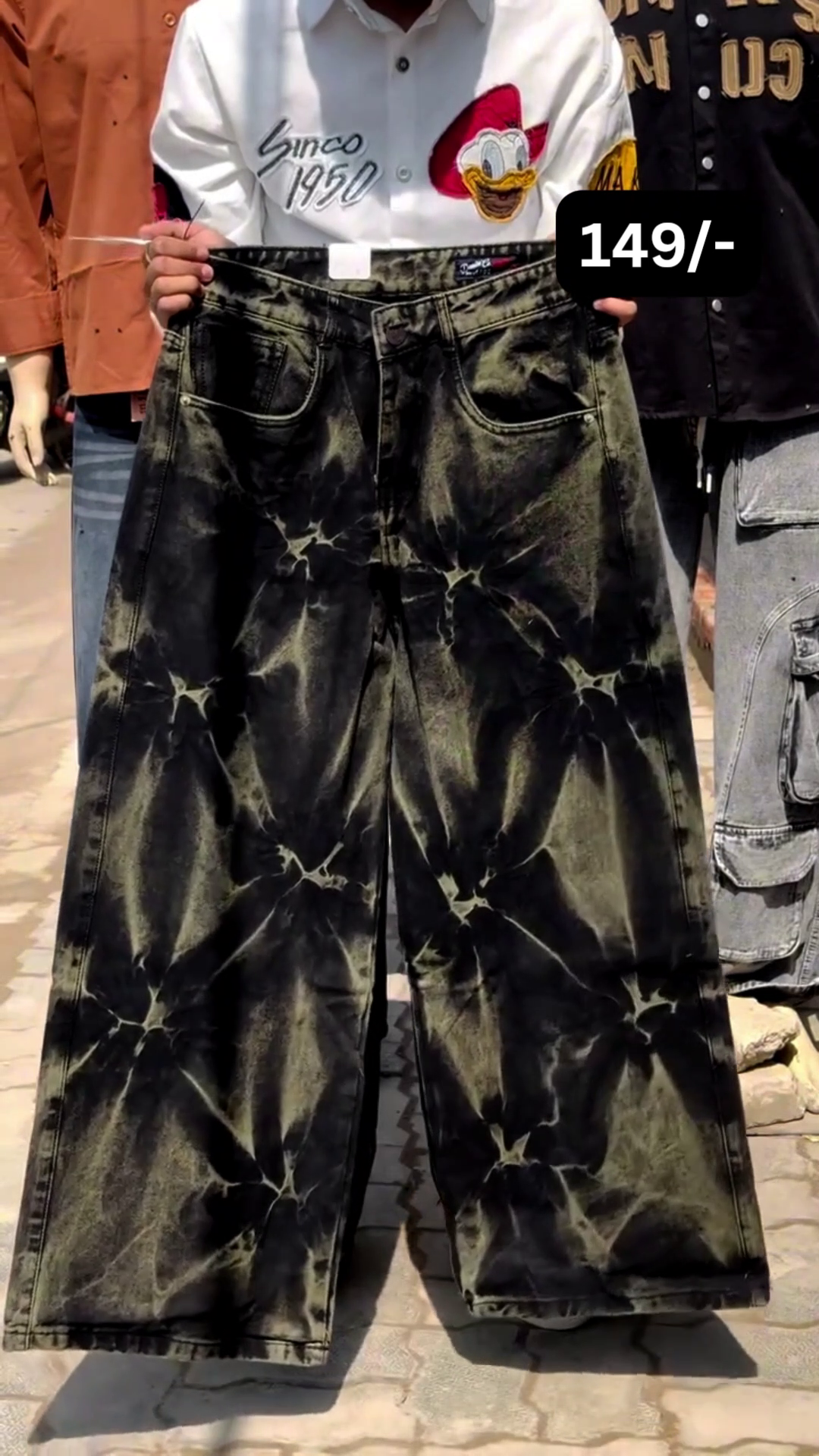 Bold Streetwear Statement: Black Baggy Wide-Leg Jeans with Faded Wash & Cross Graphic Prints