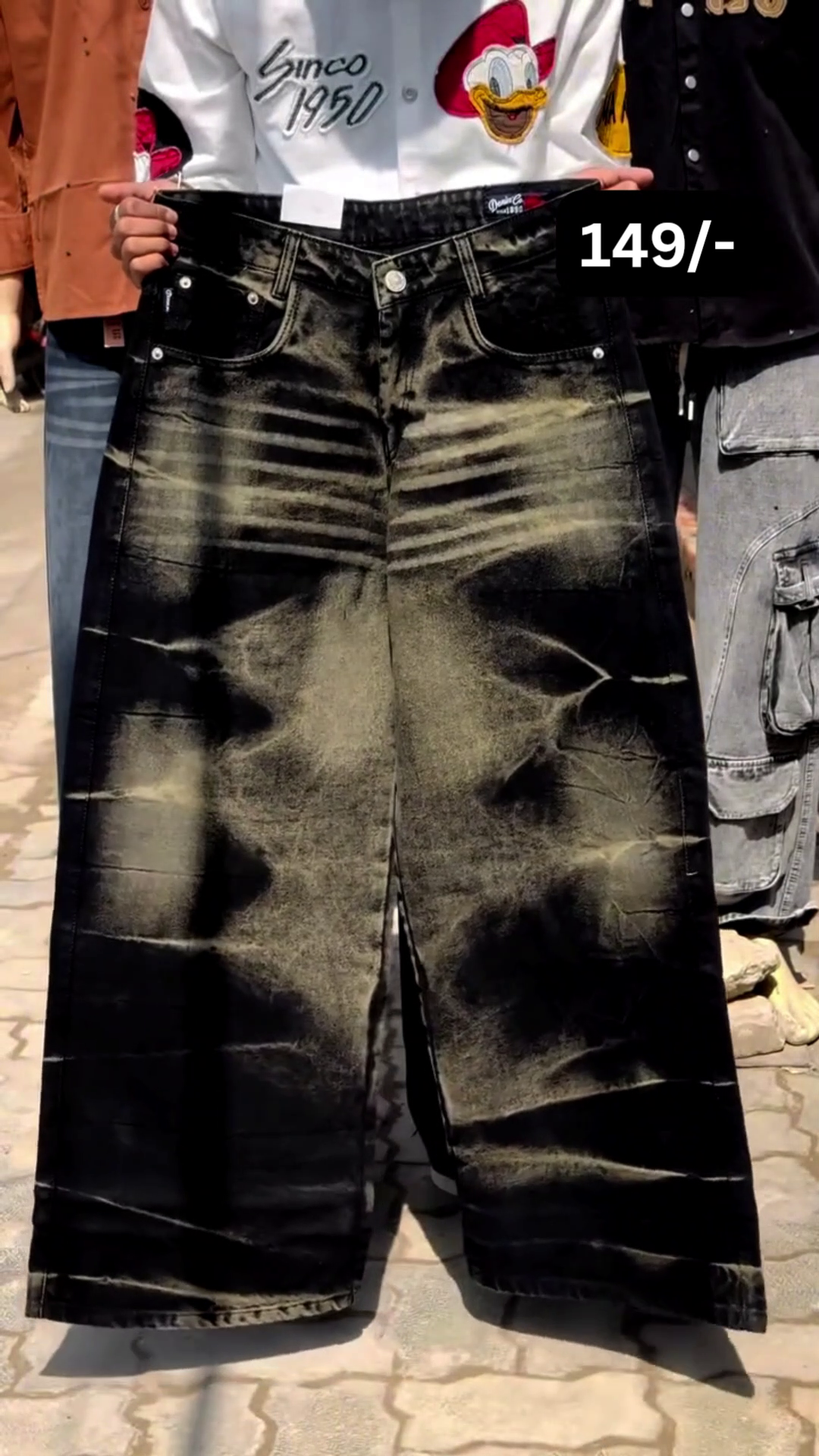 Bold Streetwear Statement: Black Baggy Wide-Leg Jeans with Faded Wash & Cross Graphic Prints