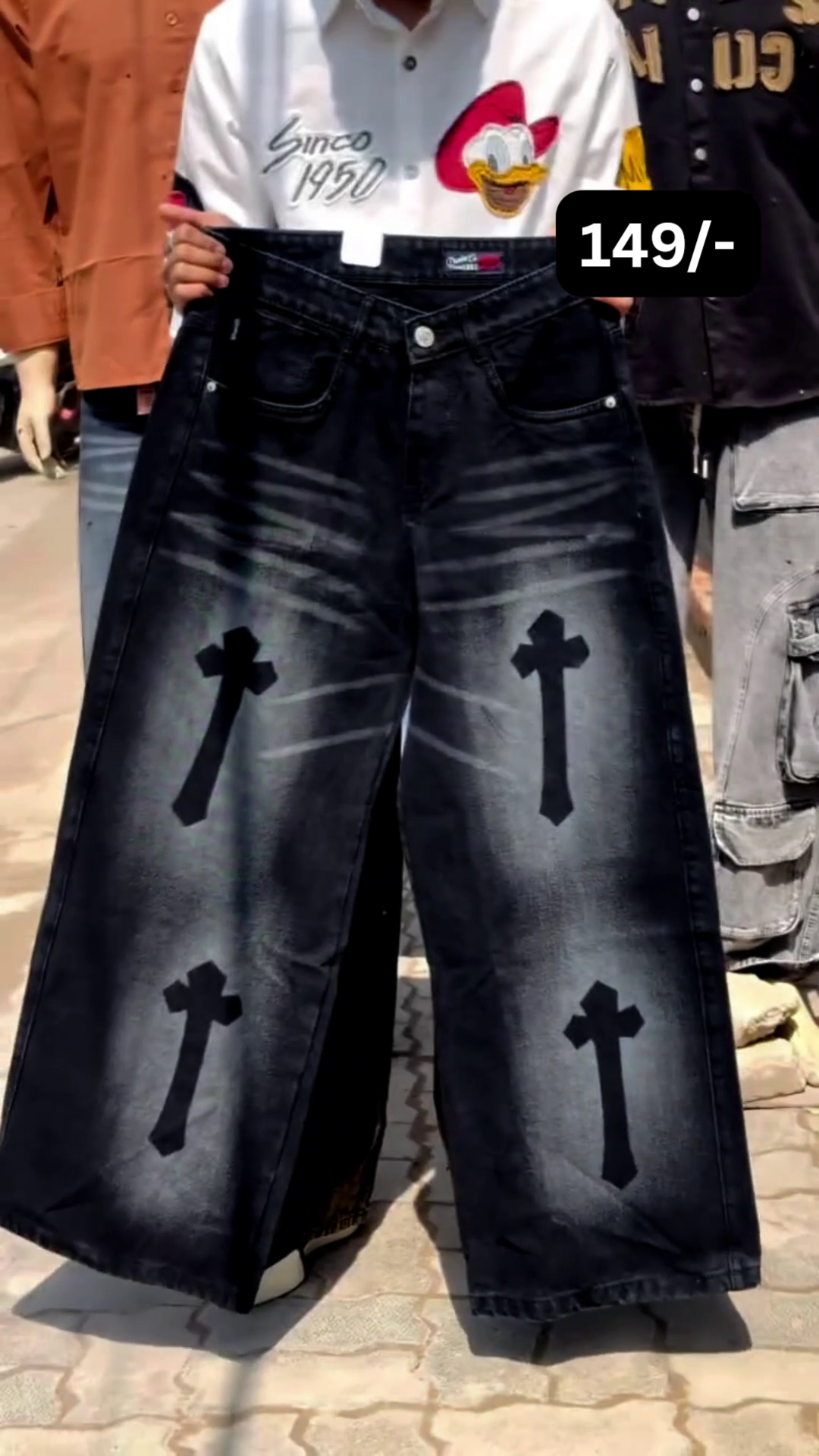 Bold Streetwear Statement: Black Baggy Wide-Leg Jeans with Faded Wash & Cross Graphic Prints
