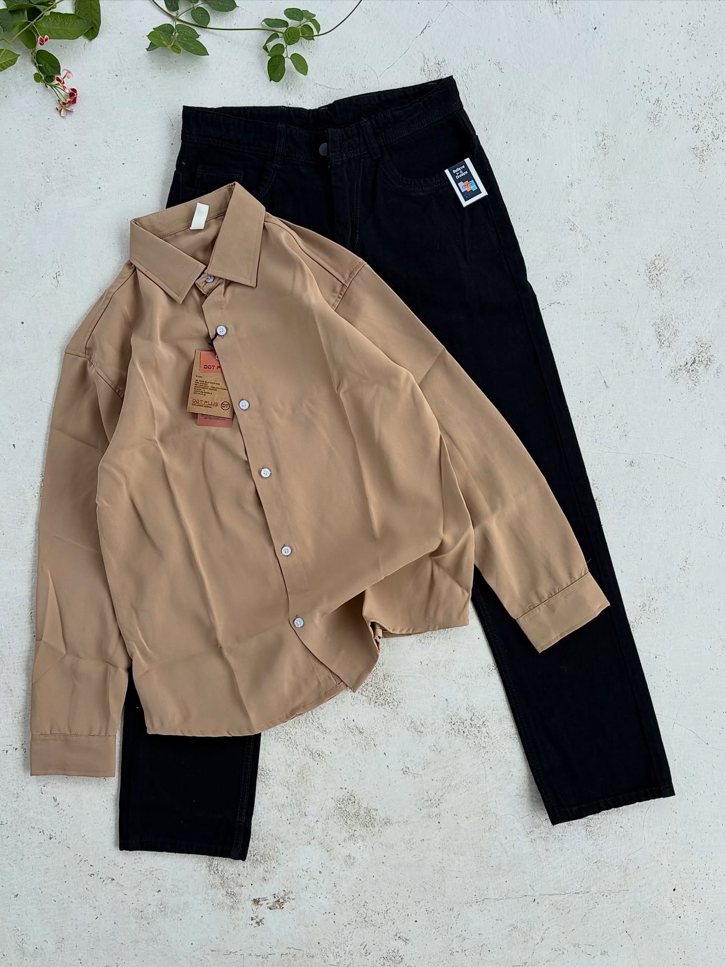 Effortless Sophistication: Dark Olive Green Shirt Paired with Crisp White Trousers