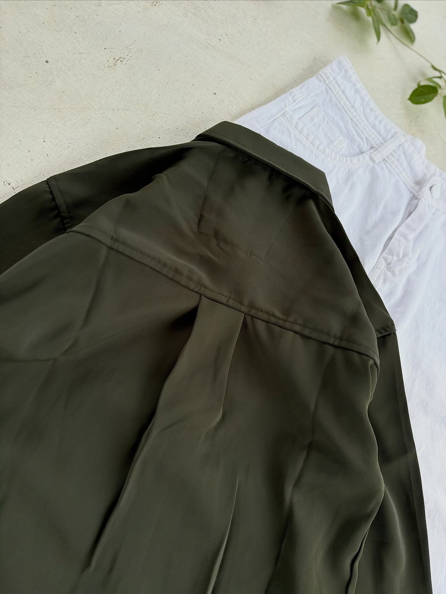 Effortless Sophistication: Dark Olive Green Shirt Paired with Crisp White Trousers