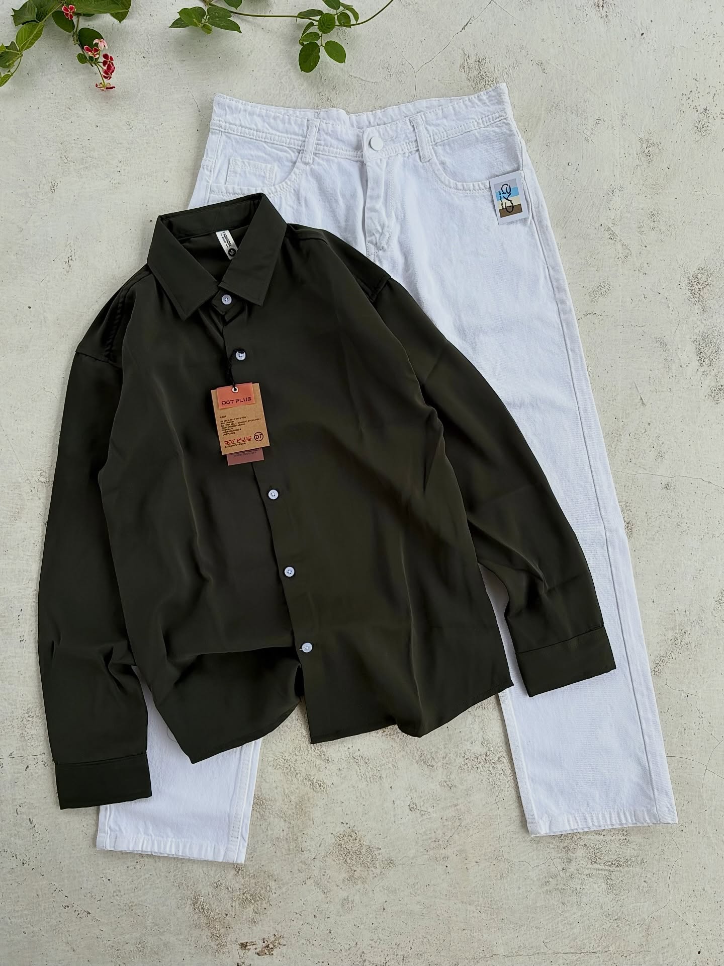 Effortless Sophistication: Dark Olive Green Shirt Paired with Crisp White Trousers