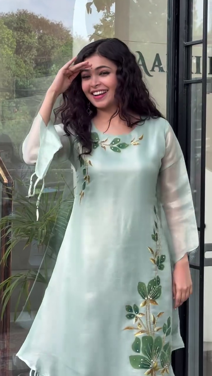 Ethereal Grace: Light Green Organza Kurta Set with Hand-Painted Floral Motifs