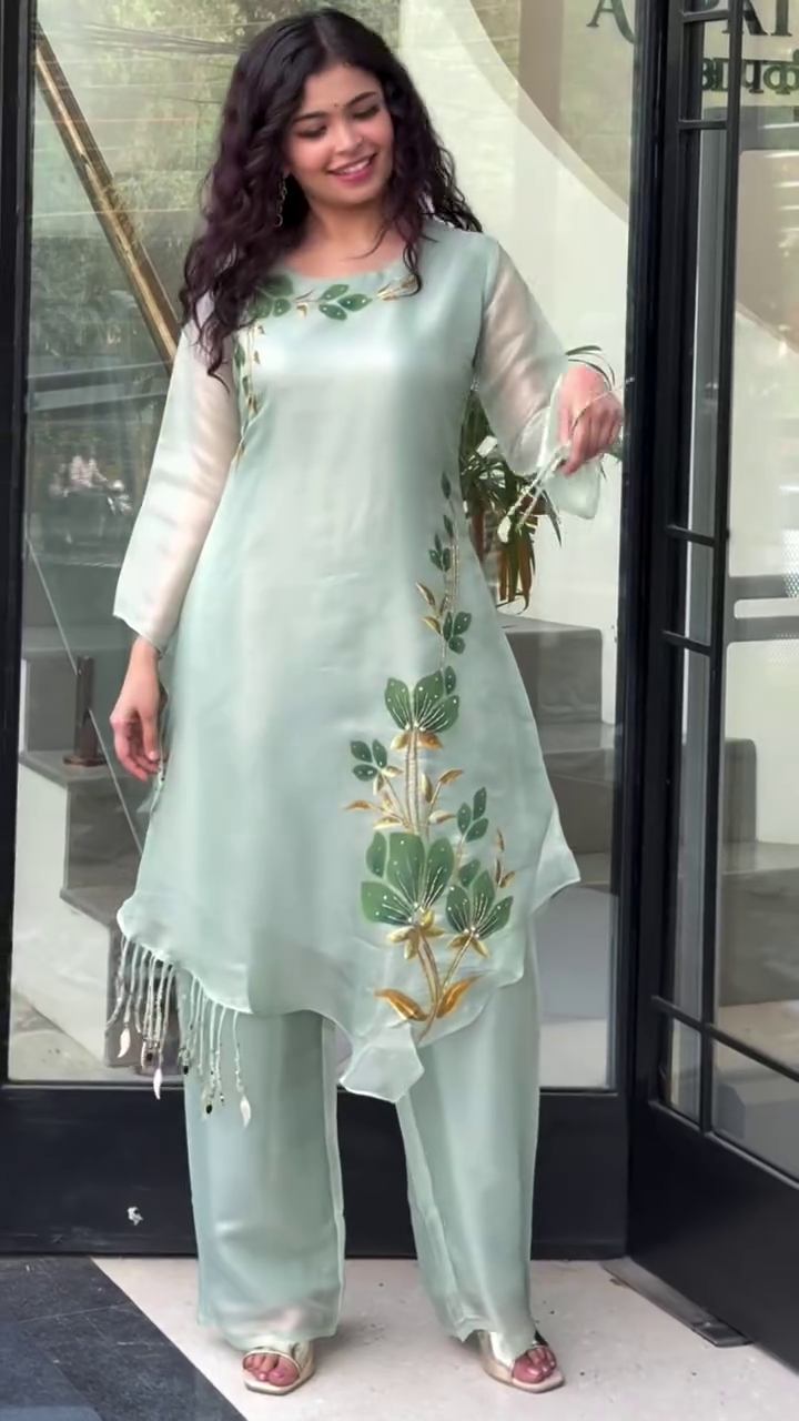 Ethereal Grace: Light Green Organza Kurta Set with Hand-Painted Floral Motifs