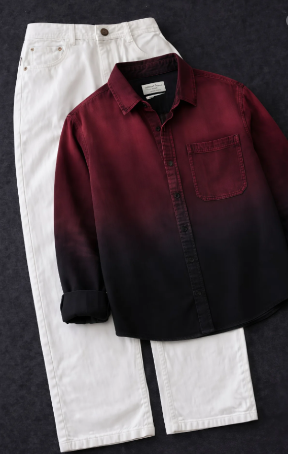 Modern Contrast: Men’s Brown-to-Black Ombre Shirt with Crisp White Trousers