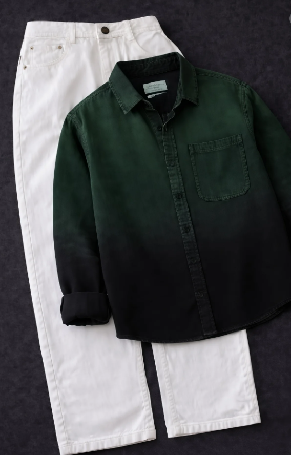 Modern Contrast: Men’s Brown-to-Black Ombre Shirt with Crisp White Trousers