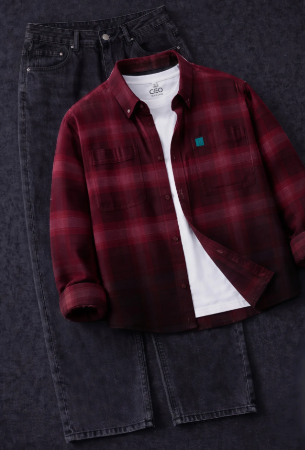 Modern Contrast: Men’s Brown-to-Black Ombre Shirt with Crisp White Trousers