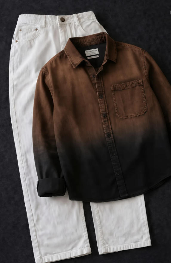 Modern Contrast: Men’s Brown-to-Black Ombre Shirt with Crisp White Trousers