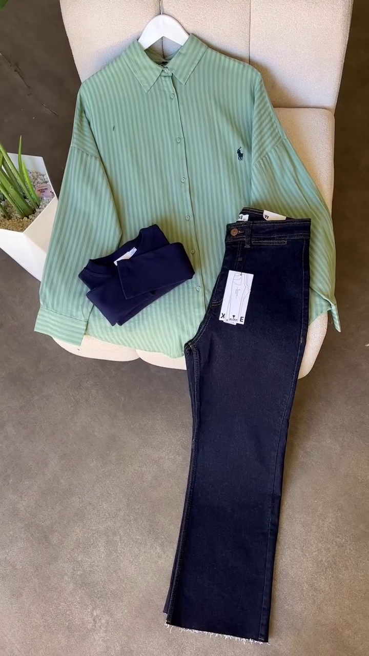 Casual Classic: Striped Brown Button-Down Shirt with Light-Blue Denim Jeans