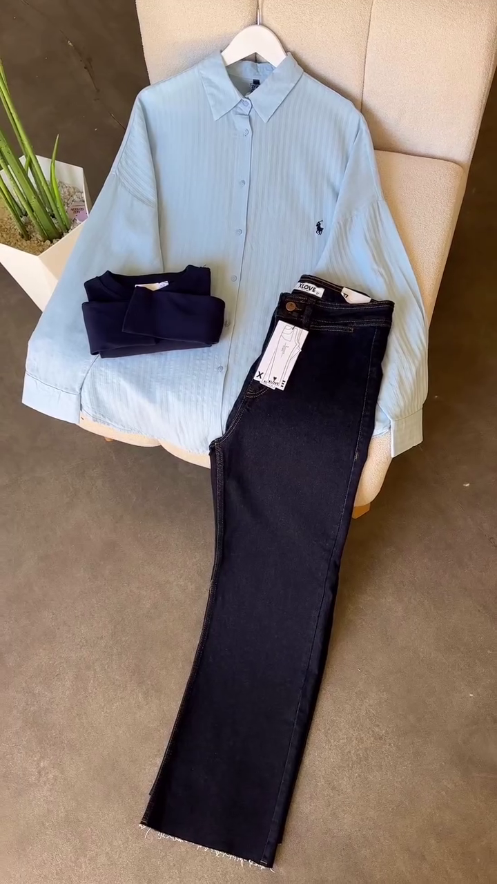 Casual Classic: Striped Brown Button-Down Shirt with Light-Blue Denim Jeans