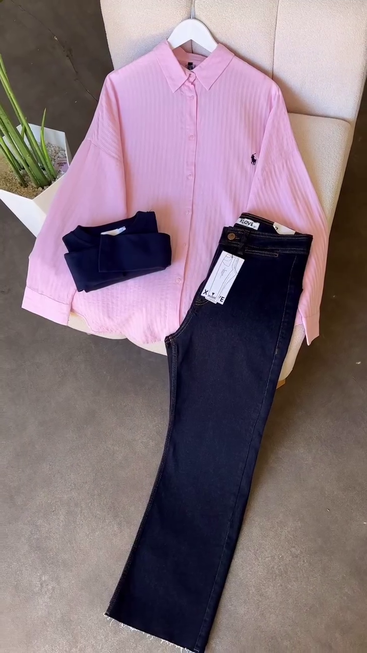 Casual Classic: Striped Brown Button-Down Shirt with Light-Blue Denim Jeans