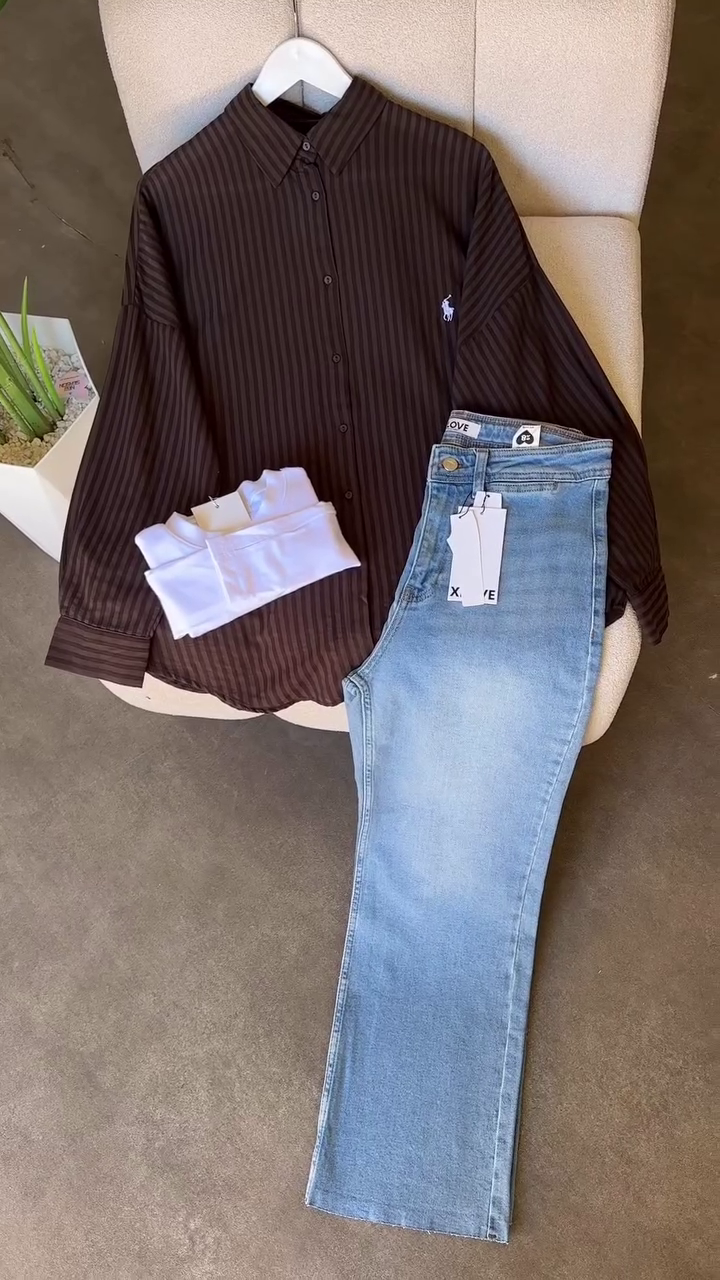 Casual Classic: Striped Brown Button-Down Shirt with Light-Blue Denim Jeans