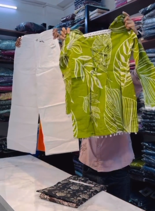 Elegant Ethnic Charm: Ladies’ Green Leaf-Print Kurti with White Palazzo Pants