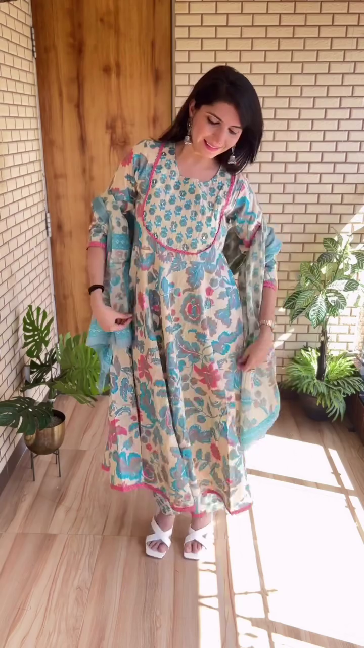 Graceful Charm: White & Pink Floral A-Line Anarkali Kurta Set in Pure Cotton