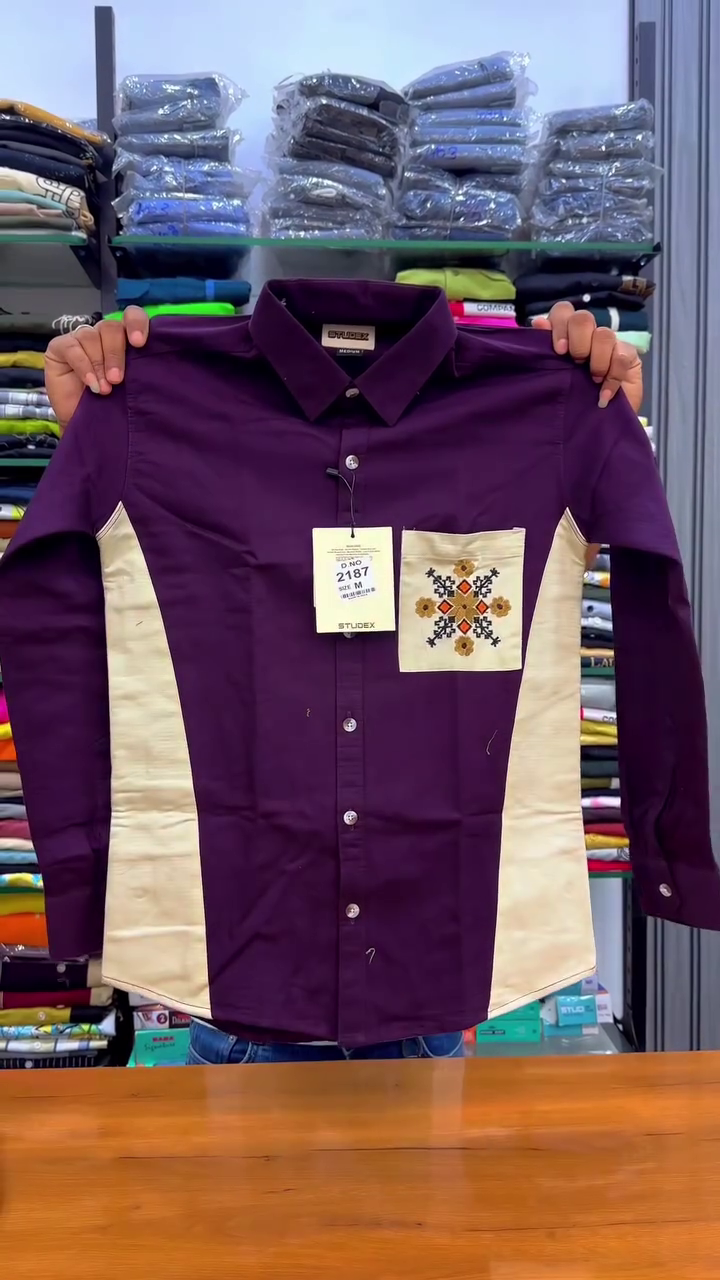 Modern Edge: Olive Green Full-Sleeve Casual Shirt with White Side Panels & Embroidered Pocket