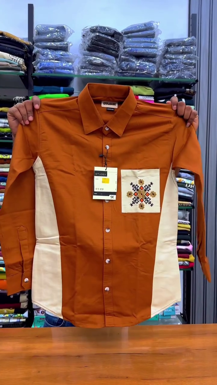 Modern Edge: Olive Green Full-Sleeve Casual Shirt with White Side Panels & Embroidered Pocket